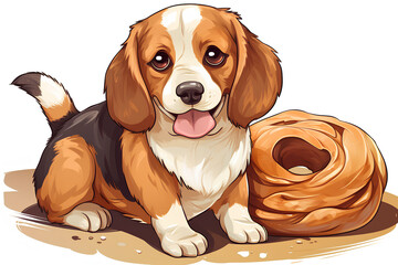 A cute Beagle dog with giant croissant, cartoon style, anime art