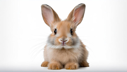 Obraz premium A fluffy bunny sitting on a white background, with long ears and a twitching nose, showcasing the adorable features of this gentle creature.