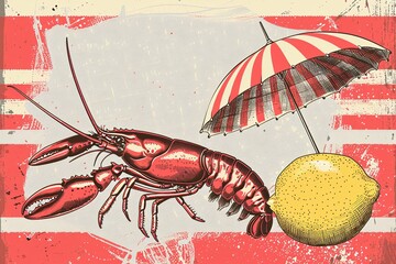 Stylish, hand-drawn summer beach elements including an umbrella, lobster, and lemon on a red striped design perfect for fashion, fabric, wallpaper, and prints.