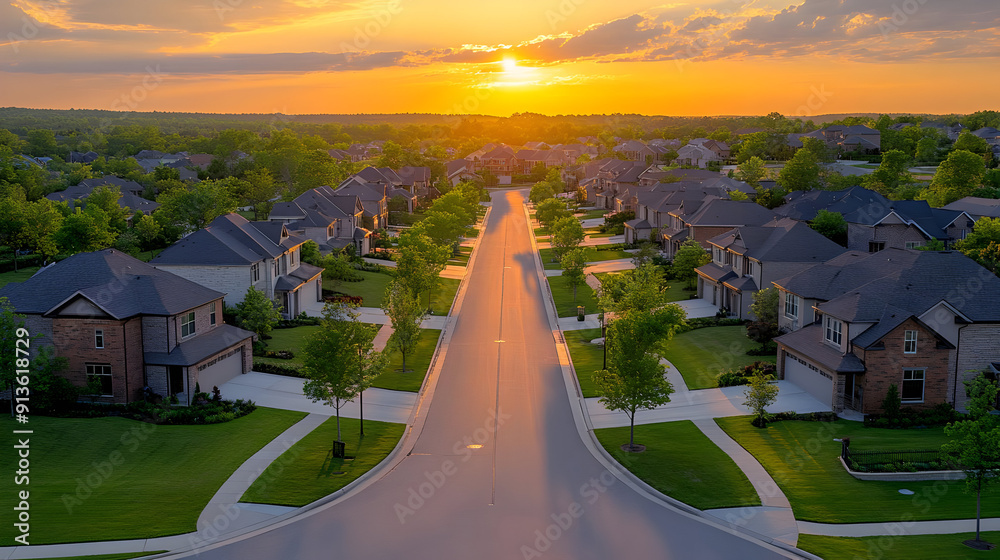 Sticker Aerial view of a suburban street at sunset.