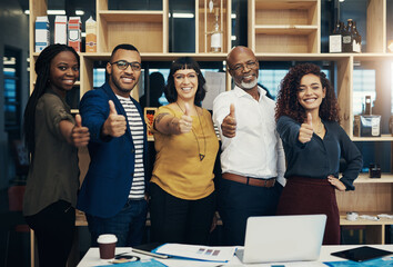 Business people, thumbs up and smile in office for success, approval or app design with collaboration. Group of creative employees, agreement and project meeting, teamwork or success for startup