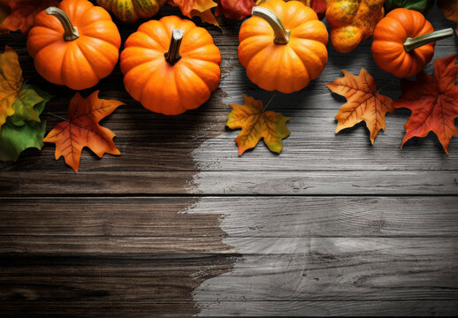 Flatlay Autumn Pumpkin Border Wooden Background Mockup With Generative AI