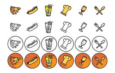  Fast food web icons. Restaurant icon set. Black and White icons. Colorful icons. Vector Illustration.