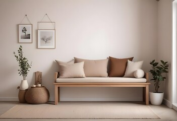 A wooden bench with beige and brown cushions in a minimalist living room with a white wall and a framed