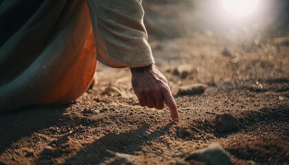  Jesus writes on the ground with his finger. 