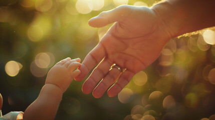 Close-up of an adult's hand gently holding a child's hand, warm sunlight filtering through leaves, symbolizes guidance and care