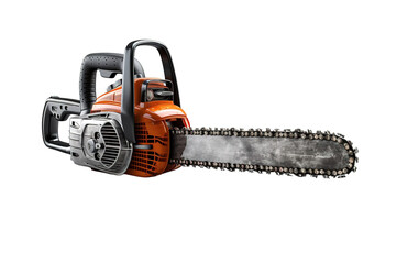 Majestic Chainsaw Resting on Rustic Wood Surface Under Bright Afternoon Sunlight in Serene Forest Environment on Transparent PNG Background.