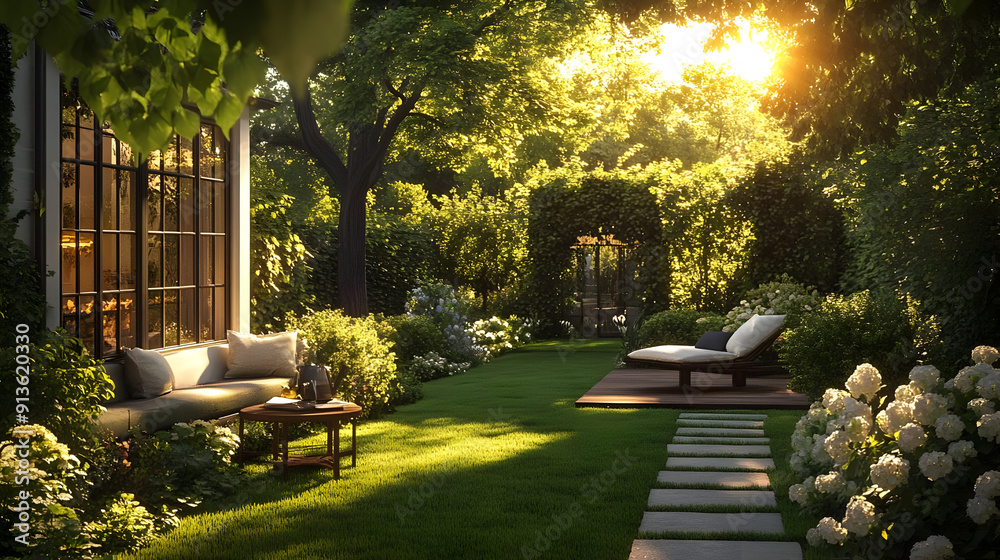 Poster Serene Garden Patio with Lush Greenery and Sunlit Lawn - 3D Illustration