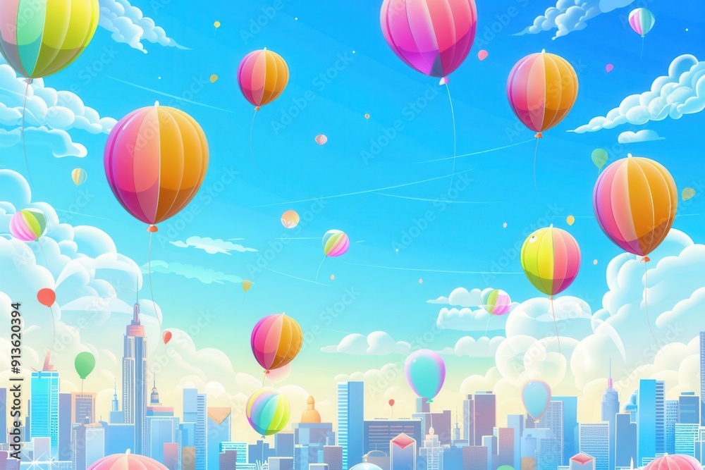 Poster balloons float gracefully over a lively city festival, creating a joyful atmosphere amid tall buildi