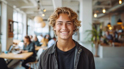 Fototapeta premium Young Man Smiling Brightly in Modern Workspace Filled With People Engaged in Activities