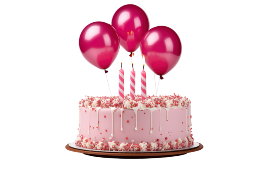 Delightful Pink Birthday Cake Surrounded By Festive Balloons Celebrating A Joyous Celebration For All Occasions on Transparent PNG Background.