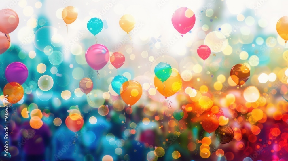 Poster Balloons float above a lively city festival, creating a joyful atmosphere as visitors enjoy various activities and attractions. Generative AI
