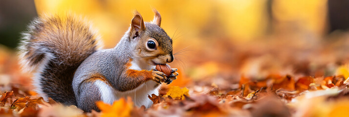 Obraz premium A close-up of a squirrel nibbling on a nut in an autumn forest.