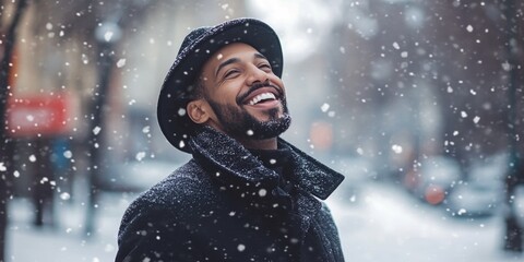 Man in hat and scarf smiling in snow