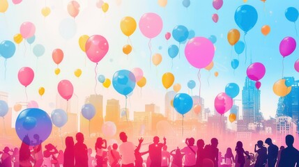 Joyful crowds gather at a lively city festival, surrounded by colorful balloons dancing in the breeze against a beautiful skyline. Generative AI