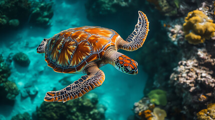 Fototapeta premium Beautiful sea turtle gracefully swimming through vibrant coral reefs and clear blue waters, showcasing marine life in its natural habitat.