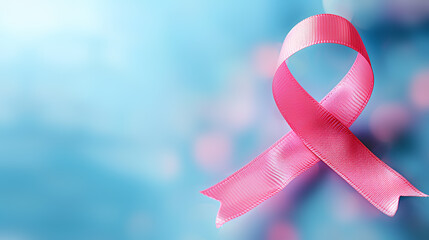 Pink ribbon on a blue background symbolizing solidarity in the fight against breast cancer, representing awareness, support, and hope. Concept of health, unity, and advocacy.