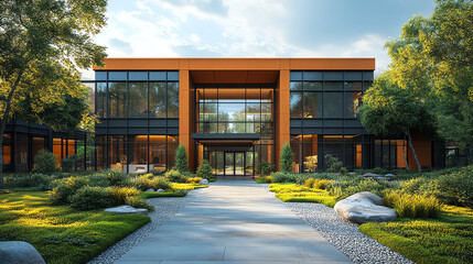 Modern architectural exterior featuring glass and wood, surrounded by lush landscaping and a serene pathway leading to the entrance.