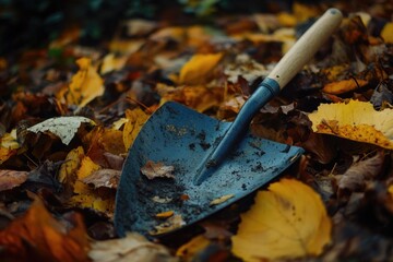 Blue Shovel on Leaf Pile