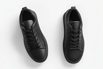 Black leather sneakers displayed from above on white background