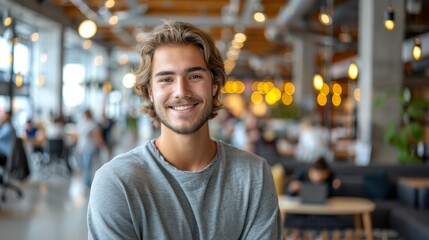 Obraz premium Young Man Smiling in Modern Café With Warm Atmosphere During Daytime