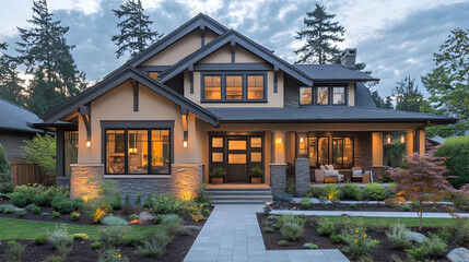Modern home with stone exterior and manicured landscaping.