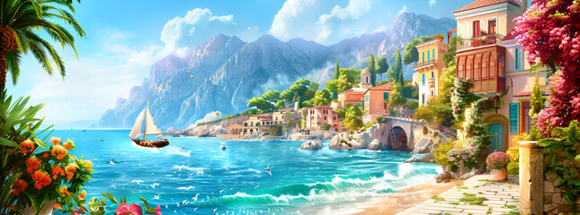 Painting of a beautiful sunset scene with a boat in the water, painting, beautiful sunset, sunset scene, boat in water, sunset painting, water reflection