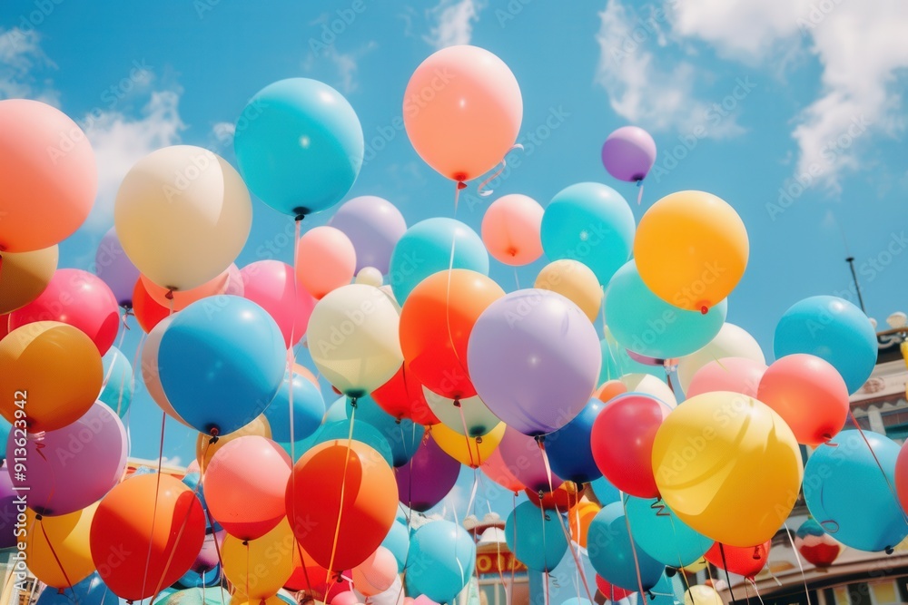Poster a multitude of colorful balloons fills the sky above a lively city festival, creating a festive atmo