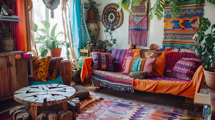 Cozy Bohemian Living Room with Vibrant Textiles and Lush Indoor Plants,eclectic mix of patterns, textures, and vibrant colors in a boho-chic interior
