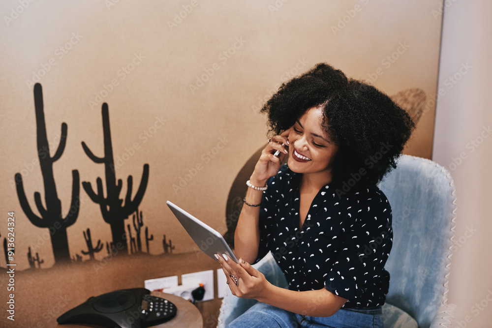 Poster tablet, phone call and happy woman in small business for talking, startup project or conversation in