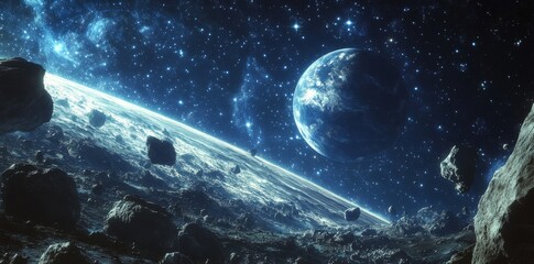 Beautiful planet in space, with a blue and black color scheme, surrounded by an asteroid belt, with rocks on the ground, and a blue starry sky background