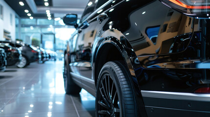 Fototapeta premium Luxurious black new SUV in car showroom