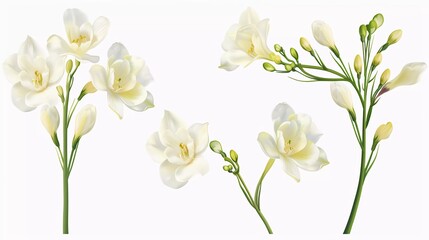 Freesia white flowers set twigs with beautiful blooming buds