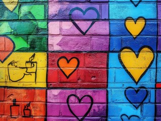 Naklejka premium Handdrawn pride symbols on a colorful graffiti wall, LGBT, Street art and inclusivity