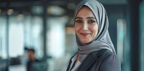Obraz premium Smiling Muslim Businesswoman in Office Setting suitable for business background, posters, wallpapers, banners, greeting cards, and advertising for business entities or brands.