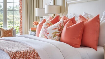 Pillows on the bed can be a great way to add some color and style to your room. The living coral color is a popular choice for home decor, and it can create a warm and inviting atmosphere.