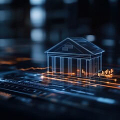Futuristic bank concept with digital elements representing finance and technology in a modern environment.