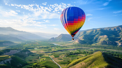 Naklejka premium Colorful inflatable hot air balloon in air over fields with mountains in background