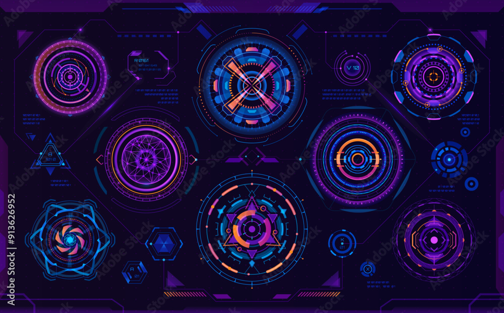 Poster futuristic circular hud sci fi elements, digital interface. vibrant, neon hud high tech hologram. ve