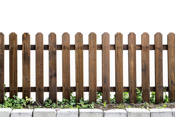 Fototapeta premium Wooden rural fence on green grass background. white isolated background