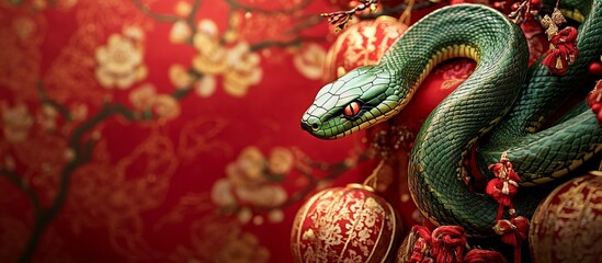 Obraz premium Green snake elegantly coiled against festive red and gold backdrop adorned with lanterns and traditional patterns, embodying the spirit of Chinese 2025 New Year. Copy space for your text