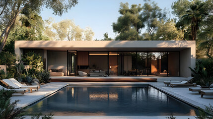 Fototapeta premium Modern house with pool and lush greenery.