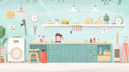 Repair workshop, technician fixing vacuum cleaner, detailed tools, Watercolor style