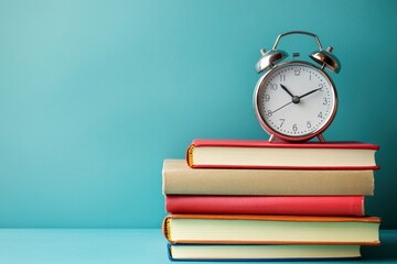 A stack of books and notebooks, an alarm clock and a ripe apple on a blue background. Back to school, teachers day concept, copy-space with generative ai