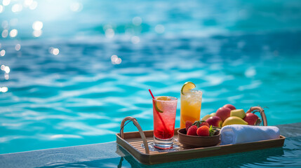 Served floating tray in swimming pool with drinks and snacks on tropical island resort
