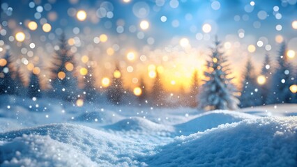 Festive abstract magic winter landscape with snow and golden bokeh lights  Banner, Panorama, New...