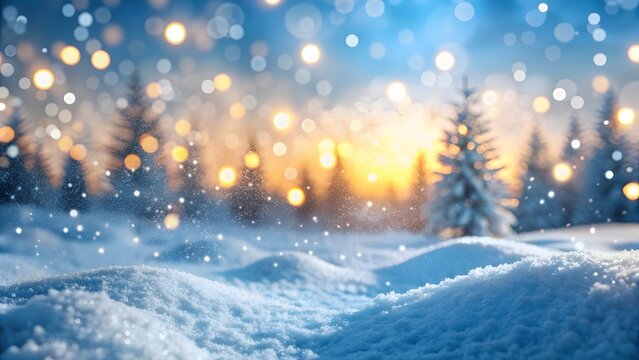 Festive abstract magic winter landscape with snow and golden bokeh lights  Banner, Panorama, New Year, Anniversary