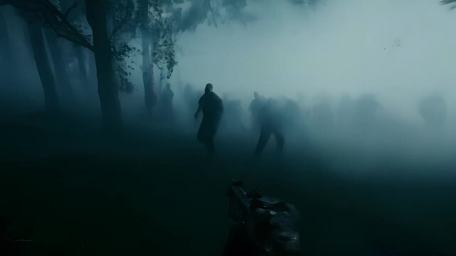 Scary zombies running around in a foggy park