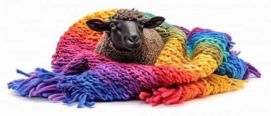 Black sheep wrapped in a vibrant, colorful rainbow blanket, showcasing unique and cozy warmth.