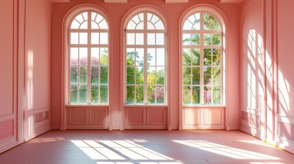 Empty room with pink walls, large windows and sun rays